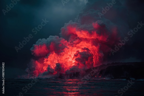 A powerful volcanic eruption generates a breathtaking display as lava meets the ocean, creating vibrant colors against a dark, ominous sky, captivating onlookers
