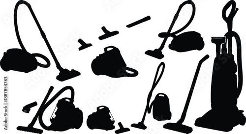 Black silhouette vacuum cleaners set including upright canister handheld models isolated on white background representing household cleaning equipment appliances and home maintenance illustration