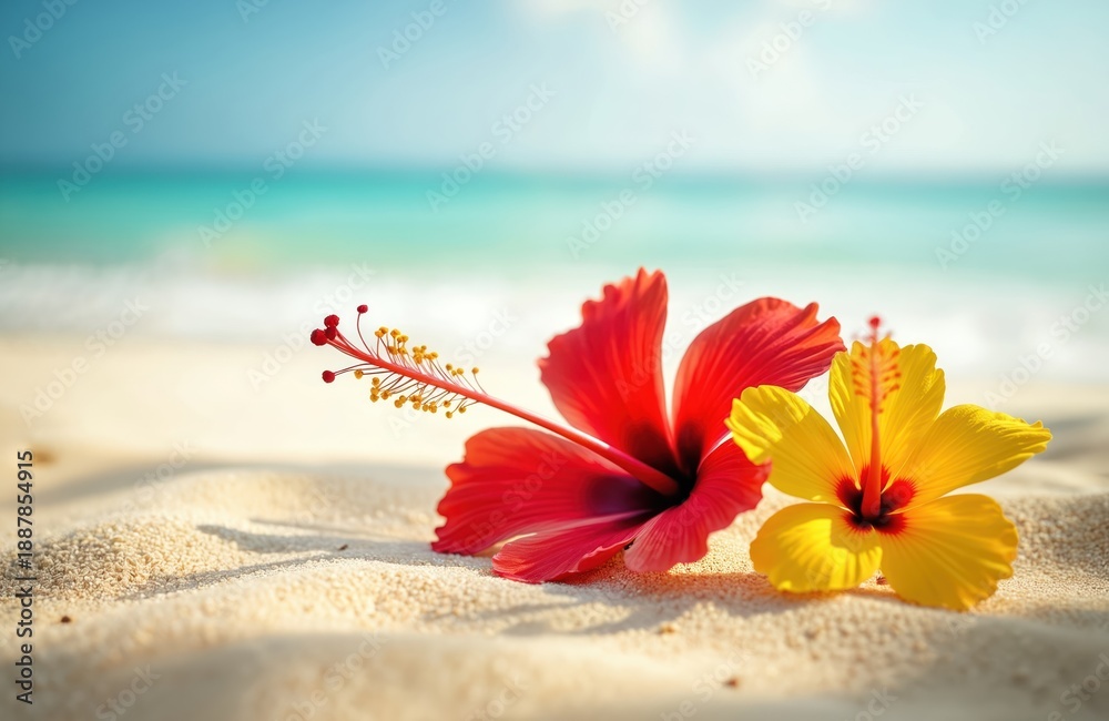 Fototapeta premium Two hibiscus flowers red and yellow rest on fine sand near gentle ocean waves. Bright tropical blooms show vibrant colors against clear blue sky and turquoise water.