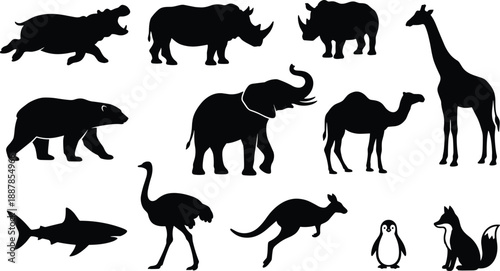 Black silhouette wild animals set including elephant giraffe rhino bear camel kangaroo penguin shark isolated on white background representing wildlife diversity and nature illustration