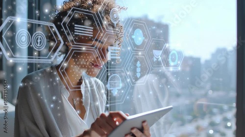 Smiling Woman Using Tablet by Window with Digital Interface Elements