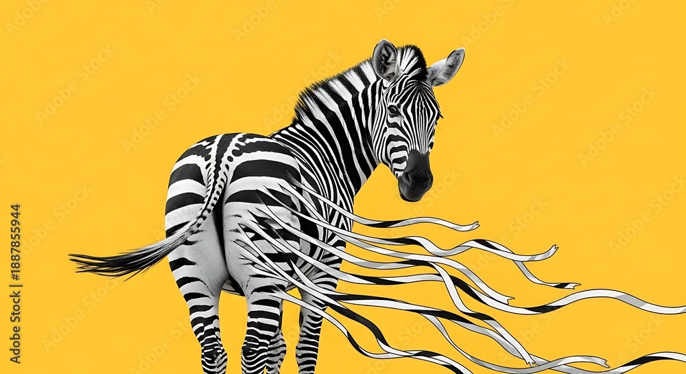 Fototapeta premium Zebra with Flowing Black and White Stripes on a Yellow Background animal wildlife