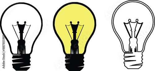 Light bulb idea illustration set, yellow glowing lamp and black silhouette icon, & Black Outline creativity innovation concept vector.