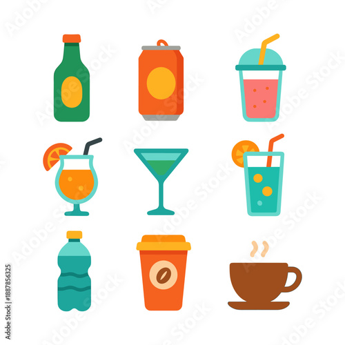 Refreshing beverages and drinks icon set with soda can, cocktails, water bottle and juice