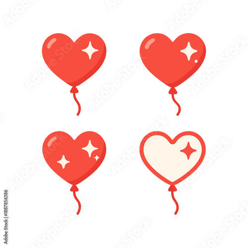Red Heart Shaped Balloons with Sparkles Collection Isolated on White