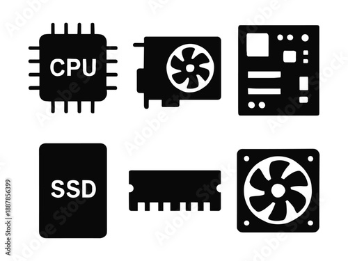 Computer Hardware Components Icons Set Including CPU, GPU, Motherboard, and SSD