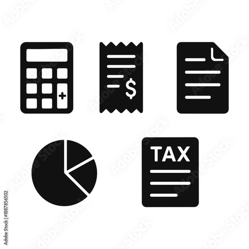 Tax accounting and financial reporting icons. Calculator, receipt, tax document and pie chart symbols