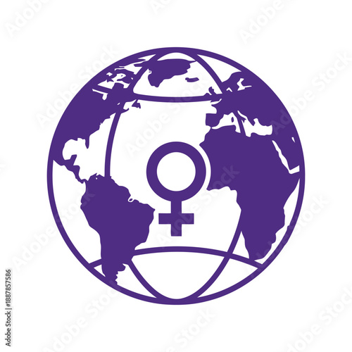 Women's Day vector clipart with female symbol and globe in purple for international celebration