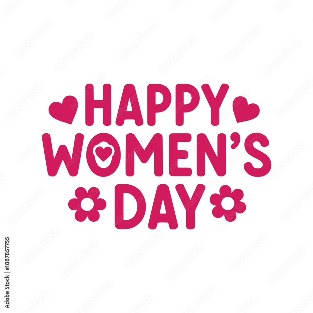 Fototapeta premium Happy Women's Day vector clipart with pink text, hearts, and flowers for International Women's Day