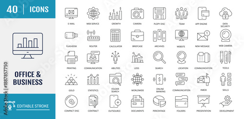 Office and business icon set. Includes Strategy, Management, Target, Leadership, Teamwork, Human Resources, Recruitment, Career, and more. Vector Illustration with editable strokes