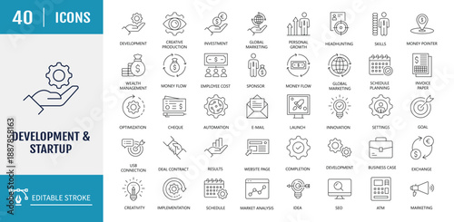 Development and startup icon set. Includes launch, rocket, project, development, and more. Vector Illustration with editable strokes