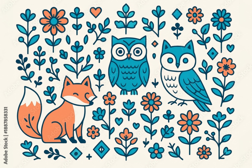 Obraz premium Cute stylized fox and owls surrounded by colorful flowers and leaves on light background in playful flat graphic style for nature-themed concept. Ai generative