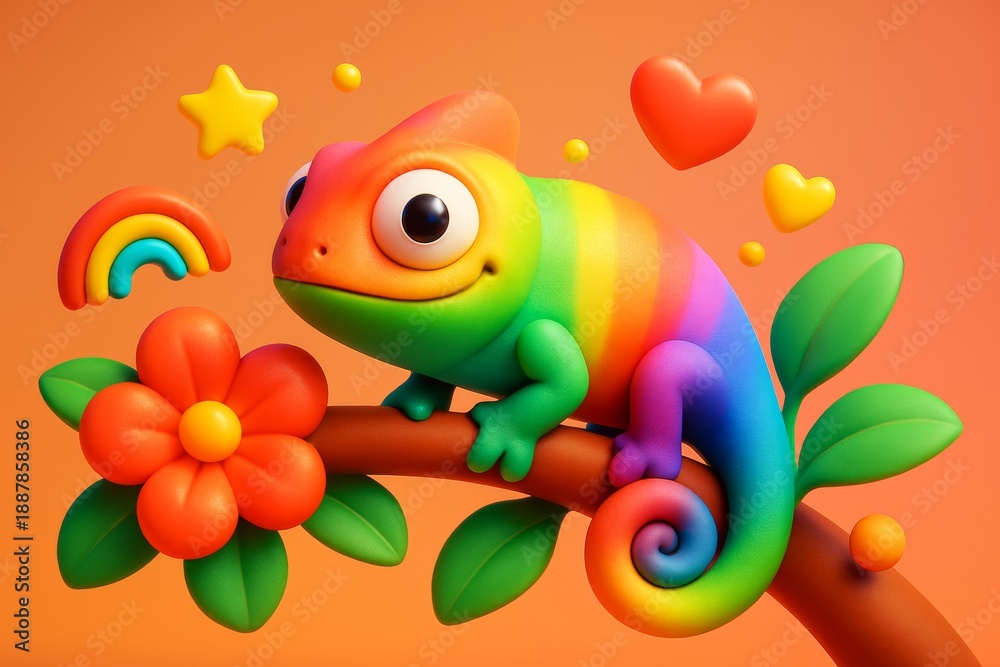 Fototapeta premium Colorful cartoon-style rainbow chameleon with big eyes sitting on a branch surrounded by playful shapes on vibrant orange background. Ai generative