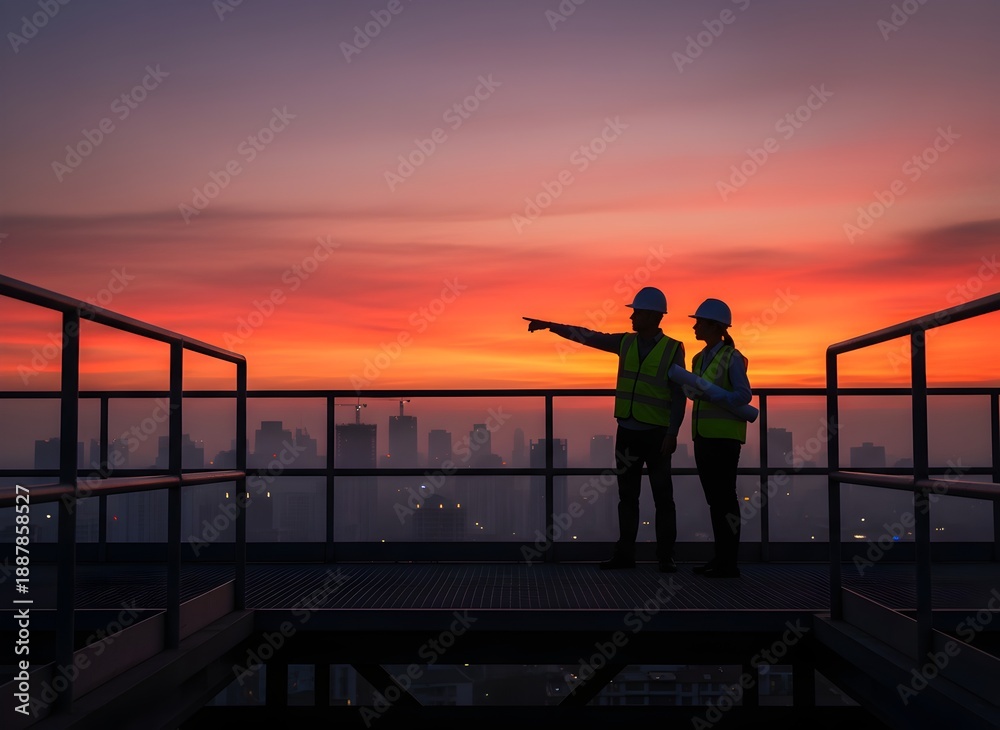 Fototapeta premium Construction Engineers with Safety Gear at Sunset on Urban Building Site Symbolizing Progress, Infrastructure Development, Teamwork, Urban Planning, Industry