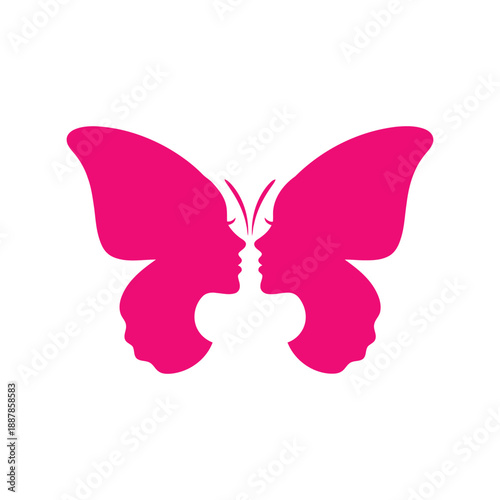 Women's Day butterfly vector clipart with female faces silhouette, pink minimalist illustration