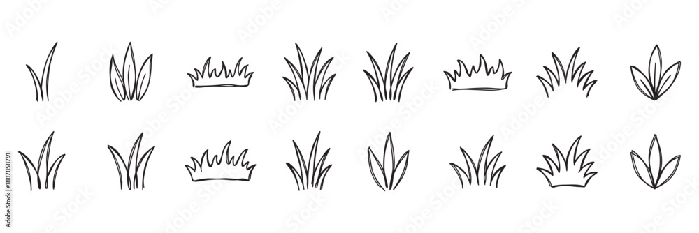 Wall Mural Grass line icon, meadow and flower doodle outline design, bush tuft, small lawn, green sketch plant isolated on white background