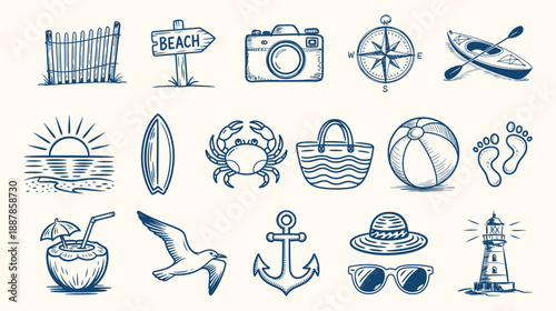 Summer Beach Doodles Vector Pack – Hand-Drawn Tropical Icons with Waves, Palms & Surf Elements for Travel, Prints & Merch Design