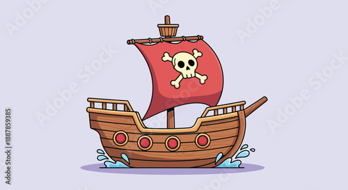 Pirate Ship with Jolly Roger Flag Sailing on Water.