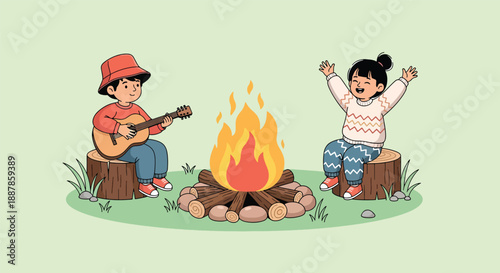 Children Enjoying Campfire with Guitar Music and Joyful Celebration.