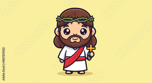 Cute Jesus Christ Cartoon Character Holding Cross.