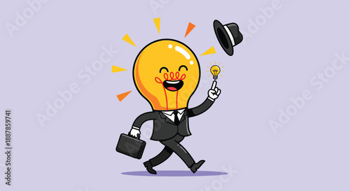 Happy Lightbulb Character in Business Suit with Hat and Briefcase.