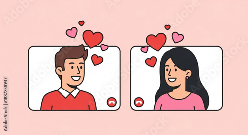 Couple chatting with hearts floating above their heads in a romantic online conversation on social media