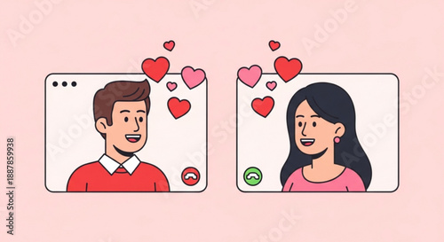 Couple video chatting with hearts floating above smiling faces online