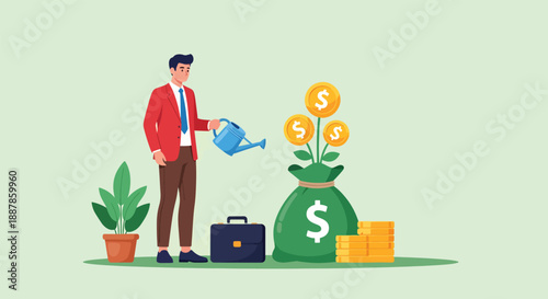 Man watering money plant in a bag with coins and briefcase.