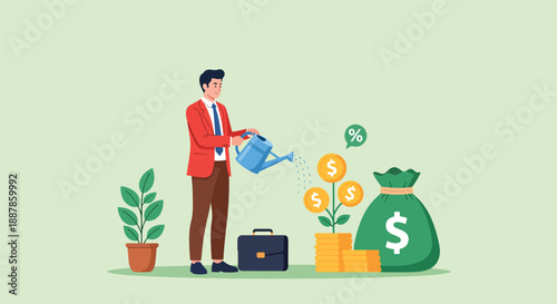 Man watering money tree symbolizing financial growth and investment success.