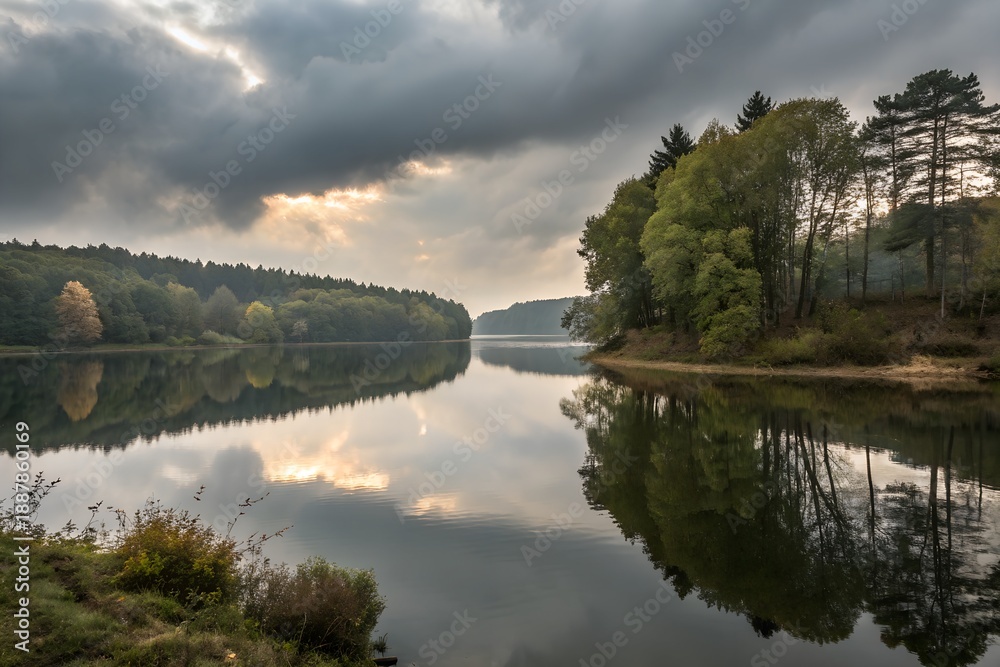 Obraz premium Sunset over a lake and river with trees reflected in the water