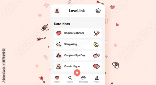 Lovelink app screenshot with romantic date ideas on pink background