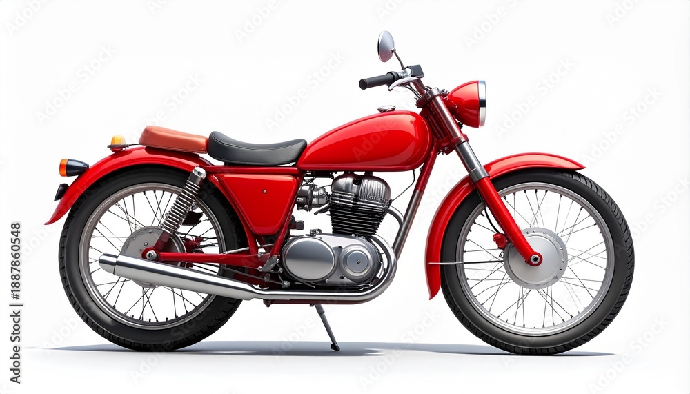 Fototapeta premium Classic red vintage motorcycle isolated on white background, retro motorbike design with chrome details and timeless transportation style.