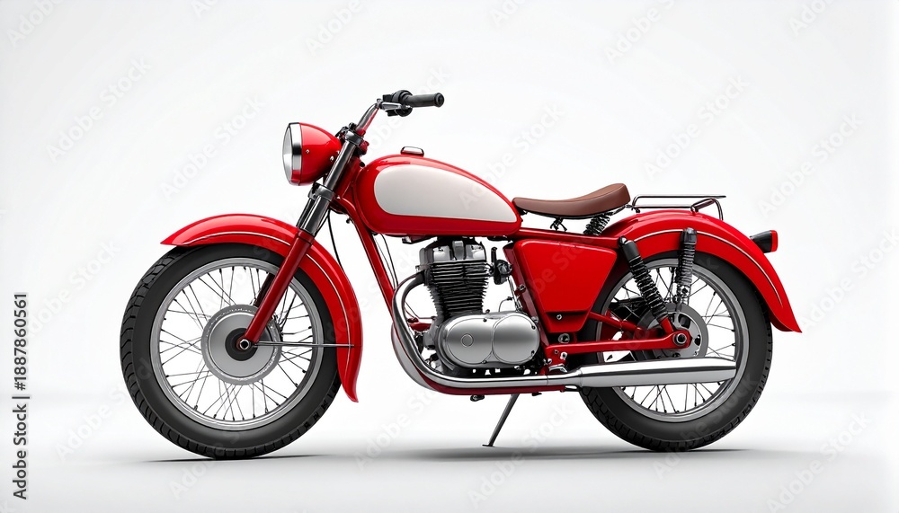 Obraz premium Classic red vintage motorcycle isolated on white background, retro motorbike design with chrome details and timeless transportation style.