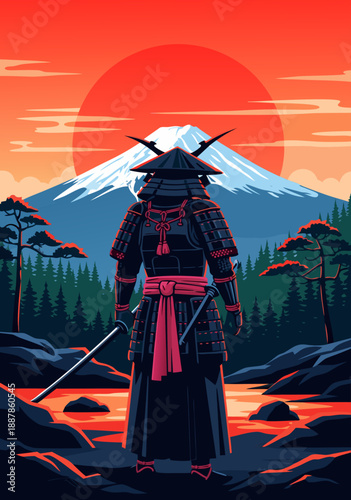 Samurai Warrior Standing Before Majestic Mountain in a Vibrant Vector Illustration