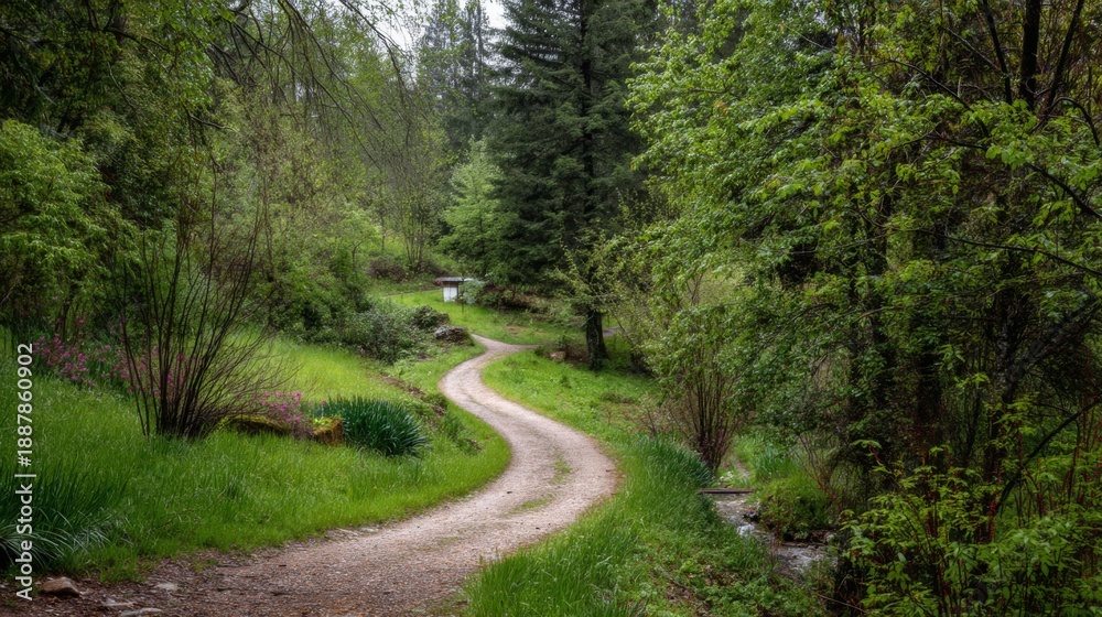 Fototapeta premium Serene Pathway Through Lush Green Forest with Vibrant Foliage and Peaceful Atmosphere Inviting Exploration and Connection to Nature