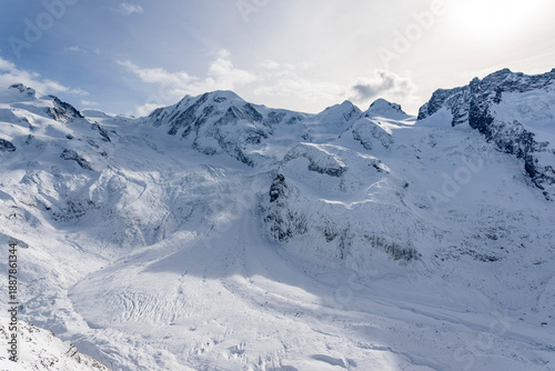 Canvastavla Rugged Mountain Range with Vast Snow Covered Glaciers and Alpine Peaks Switzerla