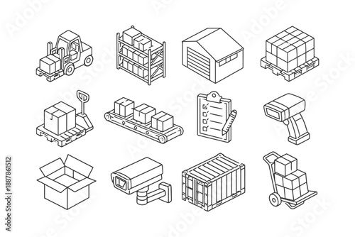 Warehouse icon set: forklift, conveyor belt, barcode scanner, security camera, storage boxes.