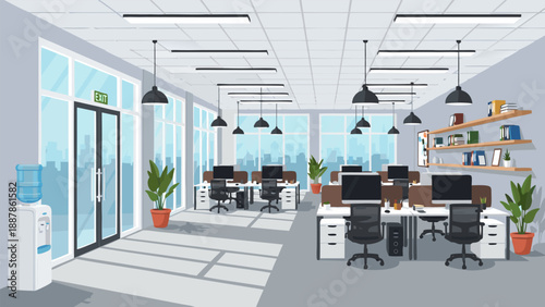 Modern office interior vector illustration with desks, chairs, and water cooler in a bright and airy workspace
