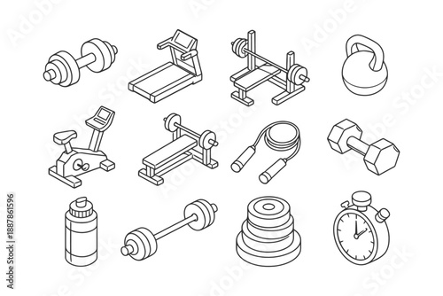 Collection of gym equipment icons: dumbbells, treadmill, kettlebell, exercise bike, stopwatch.