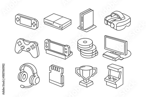 Outline icons of gaming consoles, headset, vr, and accessories.