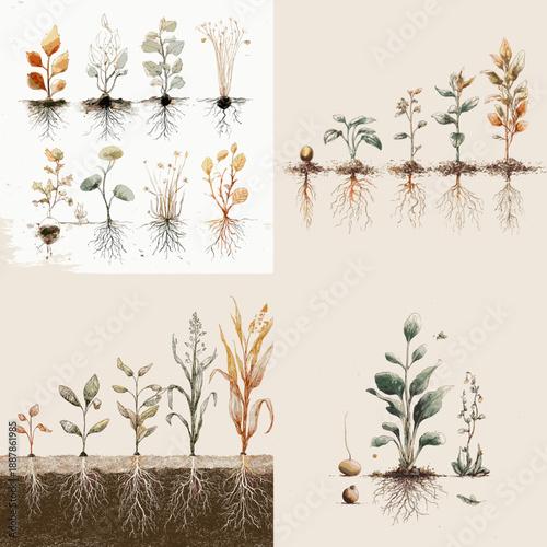 Botanical root system illustration showing plant growth stages with leaves stems and underground roots in natural watercolor style on beige background.