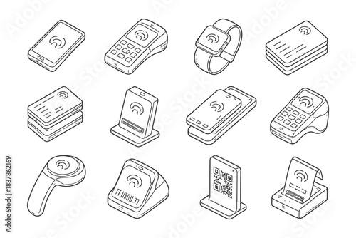Isometric contactless payment devices: smartphones, smartwatches, and card readers.