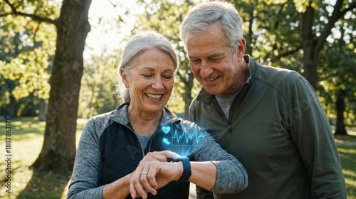 Smiling senior man and woman enjoying an outdoor walk in the park while checking the woman's wearable fitness tracker displaying vital signs and activity data