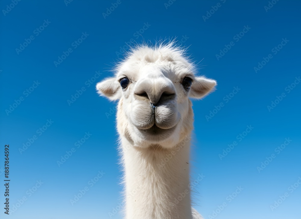 Fototapeta premium Curious White Llama with Expressive Eyes Symbolizing Friendliness, Nature, Animal Welfare, Agriculture