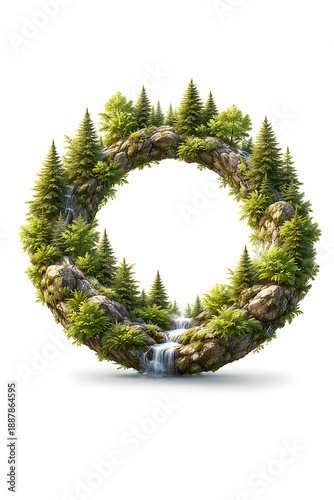 Forest Wreath with Waterfall – Nature Circle and Environmental Harmony Concept