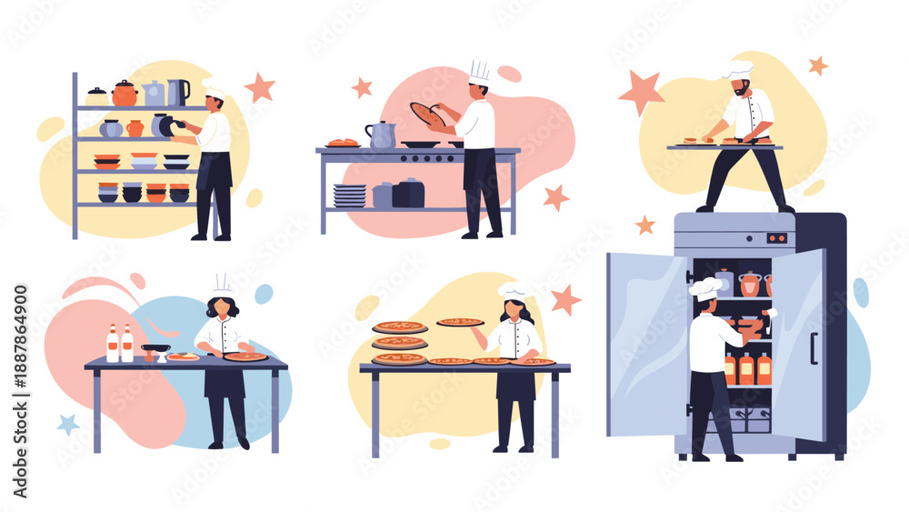 Fototapeta premium Skilled professional chefs working in a busy commercial kitchen preparing food baking and organizing supplies in various scenes.