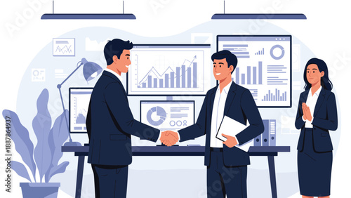Two professional businessmen shaking hands in a modern office after successfully completing a deal with data charts behind them.