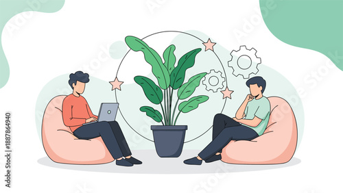 Two young men working on their laptops while sitting comfortably in large bean bag chairs in a modern and relaxed office space.