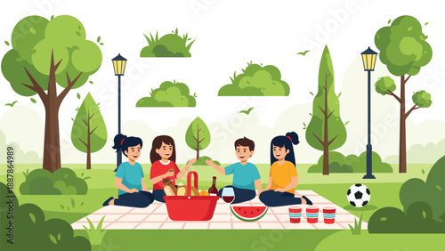 Two mothers playing with their young children in a wide open green park with mountains and fluffy clouds in the background.