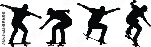 Black and white vector silhouettes of heavy duty dump trucks from different angles including side view and perspective on white.